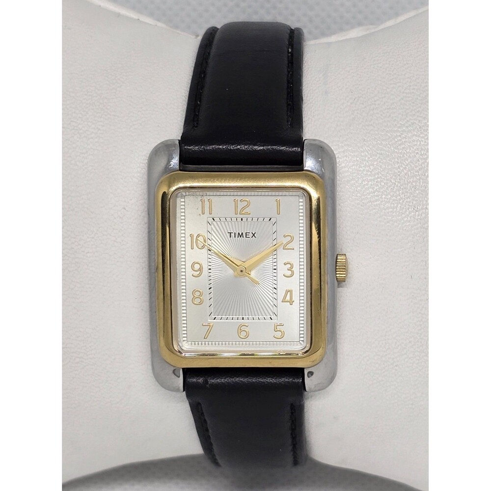 Women's Timex Meriden Tank Two Tone Black Leather Strap Watch 14